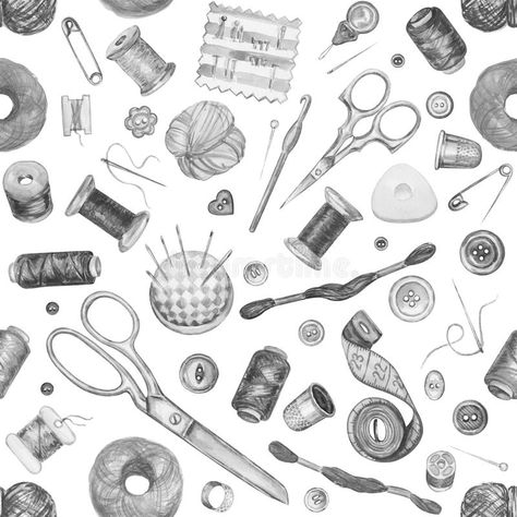 Seamless watercolor pattern of various sewing tools. Sewing kit royalty free illustration Sewing Kit Drawing, Sewing Tools Drawing, Sewing Illustration Art, Art Tools Illustration, Sewing Kit Illustration, Sustainability Poster, Dark Violet Background, Textile Development, Background For Wallpaper