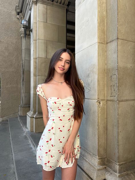 girl cherry dress mini skirt style french princess polly Persian old money model inspo Ella Ashcraft, Girl With Brown Hair, Girls Dresses Summer, Pinterest Outfits, Floral Dress Summer, Beauty Inspiration, Style Dress, Aesthetic Clothes, Fashion Inspo Outfits