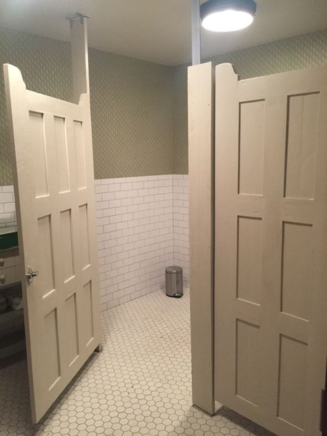 Raised panel bathroom stalls                                                                                                                                                                                 More Bathroom Stall Ideas, Diy Bathroom Stalls, Bathroom Stalls, Church Bathroom Ideas, Bathroom Stall Doors, Public Restroom Design, Commercial Bathroom Designs, Ladies Bathroom, Barn Bathroom