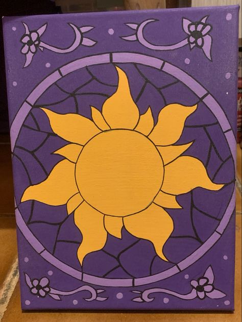 Tangled Paintings Easy, Painting Ideas Easy Simple Disney, Rapunzel Sun Painting, Small Disney Paintings, Easy Painting Ideas On Canvas Disney, Easy Paintings Disney, Door Painting Ideas Bedroom Easy, Tv Show Painting Ideas, Disney Easy Paintings