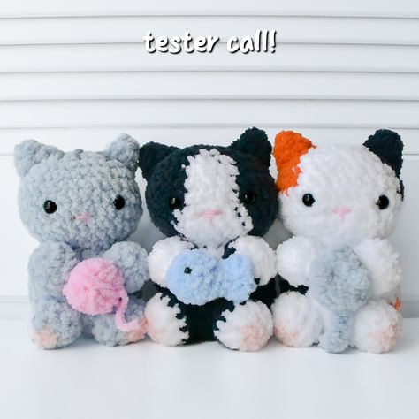 my 3-in-1 baby cats pattern will be released sunday, april 21st✨🐈 (Closed) Hiii🥰 I am looking for some crocheters to help me out with my new 3-in-1 kitties pattern! Testers will get the pattern for all three cats & accessories🤩🥳💞 This pattern will include: - grey cat - tuxedo cat - calico cat - yarn ball accessory - fish accessory - mouse toy accessory If you are interested in testing, keep reading!🥰 How to apply: - have a public crochet account (so I can see your work!) - follow me @croc... Cat Tuxedo, Cat Calico, Cats Accessories, Grey Mouse, Mouse Crochet, Cats Pattern, Mouse Toy, Grey Cat, Three Cats