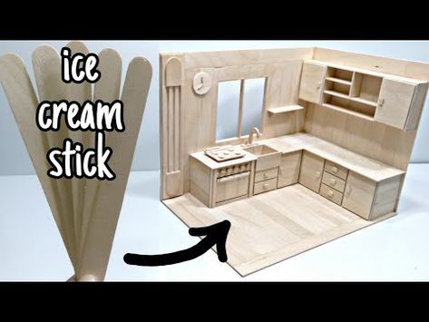 Miniature Things Cute, Arts And Craft Furniture Design, Popsicle Stick Kitchen, Miniature Popsicle Stick Furniture, Diy Mini House Projects, Doll Furniture Diy How To Make, Diy Tiny Furniture, Ice Cream Stick Miniature, Mini House Ideas Diy Projects