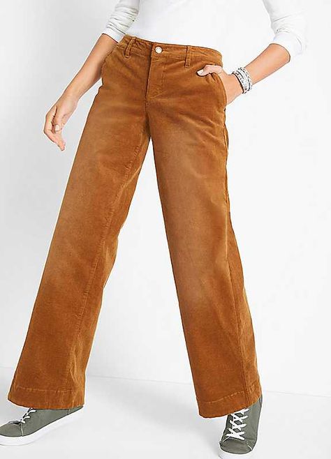 A pair of soft corduroy trousers with a wide leg.Brand: bonprixWashable98% Cotton, 2% ElastaneInside leg approx. 80.5 cm (31¾ in)Please Note: European sizing tends to run smaller than UK. We suggest sizing up for the perfect fit! Cord Trousers, Corduroy Trousers, Women Legs, Trousers Women, Capsule Wardrobe, Cognac, Casual Pants, Khaki Pants, Wide Leg