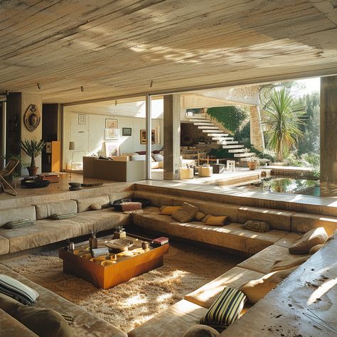 Sunken Living Room AKA Conversation Pits: What Are They And Where Are They Now? — Living Bright Interiors Room 70s Style, Sunken Sofa, Living Room 70s, Nature Houses, Sofa Area, Casa Interior, Conversation Pit, Sunken Living Room, Stunning Interior Design