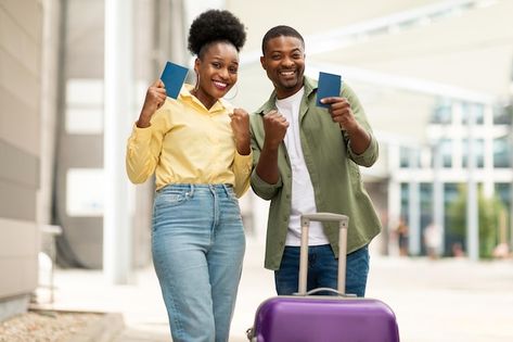 Photo black travelers couple gesturing y... | Premium Photo #Freepik #photo #business-travel #business-trip #passenger #people-travel Flight Design, Studio Portrait Photography, Church Graphic Design, Studio Portrait, Travel Pics, Black Person, Travel Business, Business Trip, Social Marketing