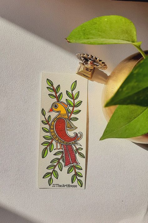 Small Card Painting, Madhubani Canvas Paintings, Madhubani Bookmarks Art, Madhubani Painting Bookmarks, Small Madhubani Painting, Simple Madhubani Paintings, Kalamkari Painting Kalamkari Painting Design, Simple Madhubani Designs, Madhubani Drawing Indian Paintings