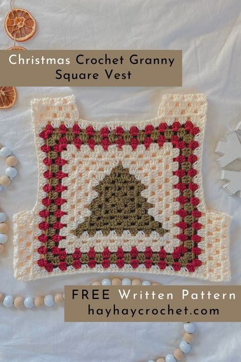 Xmas Granny Square, Crochet Ugly Christmas Sweater Pattern Free, Crochet Christmas Vest Pattern Free, Crochet Christmas Vest Pattern, Ugly Christmas Sweater Crochet Pattern, Crochet Ideas Christmas Gifts, Poinsettia Granny Square Crochet, Crochet Christmas Sweater Vest, Christmas Vest Crochet