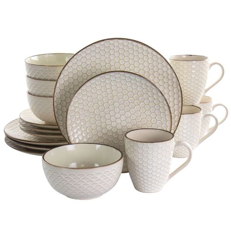 16pc Stoneware Honey Dinnerware Set White - Elama : Target Dishware Sets, White Dinnerware Set, Square Dinnerware Set, Stoneware Dinnerware Sets, White Dinnerware, Honeycomb Design, Stoneware Dinnerware, Brown Trim, Honeycomb Pattern