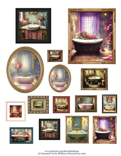 Printable Barbie Dollhouse Miniatures 1:6 and 1:12 Scale - AI Art Cozy Bohemian Bathtubs Bathroom Paintings Framed Art Dollhouse Decor 1/6 and 1/12 Scale - Free Digital Collage Sheet - Free Printable #freeprintable #printableminiatures #printabledollhouseminiatures #aigeneratedart #bohobathroom #miniaturasimprimibles #miniaturasparaimprimir Free Miniature Printables 1:12, Bathroom Framed Art, Printable Barbie, Dollhouse Plans, Bathroom Paintings, Dollhouse Crafts, Mini Diorama, Cozy Bohemian, Mini Printables