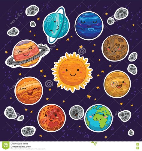 Sticker set of solar system with cartoon planets Seni Resin, Planet Vector, Solar System Art, Solar System Projects, Planet Drawing, Solar System Crafts, Planets And Stars, Science Stickers, Solar System Planets