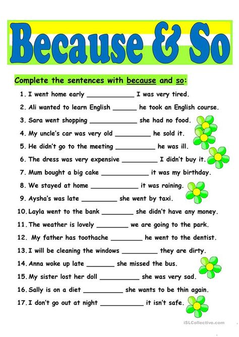 so and because - English ESL Worksheets for distance learning and physical classrooms So And Because Worksheet, Conjunctions Worksheet, English Grammar Exercises, English Grammar For Kids, Grammar For Kids, Grammar Exercises, English Worksheet, Teaching English Grammar, English Grammar Worksheets