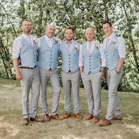 Groomsmen in Dusty Blue waistcoats Groomsmen Colors, Blue Groomsmen Attire, Groomsmen Colours, Groomsmen Vest, Wedding Husband, Blue Groomsmen, Wedding Groomsmen Attire, Groom Wedding Attire, Groomsmen Outfits