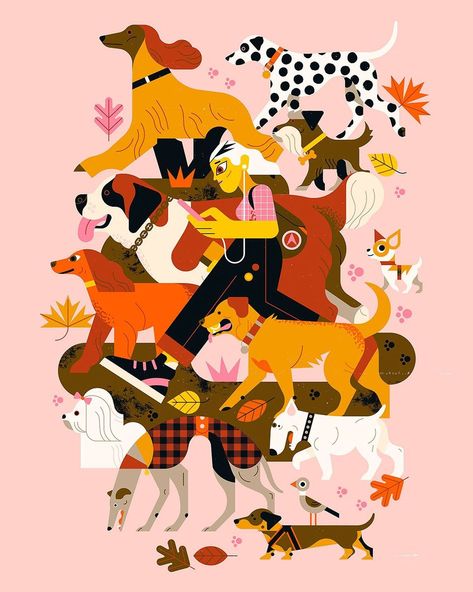 Owen Davey on Instagram: “Hands up if you love dogs 🙋- print available from owendavey.shop (link in bio) This piece was created as my project for a new @domestika…” Owen Davey, Dog Vector, Dog Poster, Dog Illustration, Arte Animal, Dog Walker, Flat Illustration, Editorial Illustration, Animal Illustration