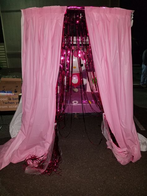 Hello kitty trunk or treat! I took this at the end of the night. My tie backs slid down so the "curtains" aren't parted. I plan to do it better next time! Barbie Trick Or Trunk, Trunk Or Treat Hello Kitty, Sanrio Trunk Or Treat, Trunk Or Treat Ideas Barbie, Pink Trunk Or Treat, Trunk Or Treat Barbie Theme, Barbie Dream House Trunk Or Treat, Girly Trunk Or Treat Ideas, Pink Trunk Or Treat Ideas