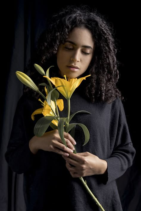 Holding A Flower Reference, Holding Flowers Pose Reference, Holding Flowers Pose, Dark Ambiance, Rose Reference, Hands Holding Flowers, People Reference, Woman Posing, Holiday Photography