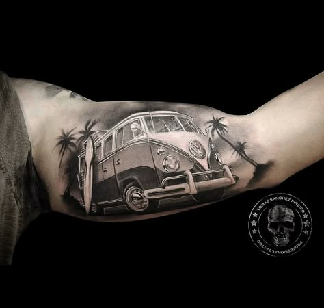 VW Camper Inner Bicep Tattoo Vw Tattoo, Hot Rod Tattoo, Tattoo Side, Bicep Tattoo Men, Surf Tattoo, Inner Bicep Tattoo, Inner Forearm Tattoo, Retro Tattoos, Landscape Tattoo