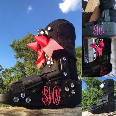 Bling and bow options for a walking boot. Cam walker. Cast decoration. Injured foot. Bedazzled. Foot walker cast. Boot Cast Decorating Ideas Leg, Walking Boot Decorations, Achilles Recovery, Walking Cast Boot, Fractured Ankle, Boot Decorations, Cam Boot, Leg Surgery, Walking Cast