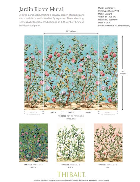 Thibaut Jardin Bloom Mural Wallpaper - Pink– Swan Court Thibaut Jardin Bloom, Panels And Wallpaper, Boca Wallpaper, Chinoiserie Wallpaper Panels, Decorating With Chinoiserie, Match Wallpaper, Chinoiserie Panels, Estate Gates, Cowgirl Decor