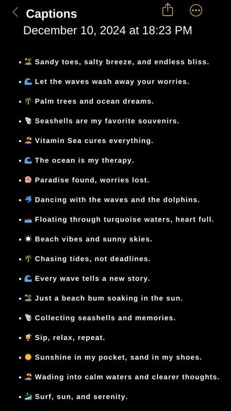 A list of beach-themed captions with emojis, featuring phrases like 'The ocean is my therapy' and 'Chasing tides, not deadlines. Insta Caption For Beach Pics, Sea Vibes Quotes, Soaking Up The Sun Quotes, Sea Beach Captions For Instagram, Vitamin Sea Quotes Beach, Beautiful Day Captions, Beach Story Captions, Short Quotes About Sea, Coconut Captions Instagram