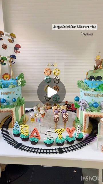 Daffodils Patisserie by Rushina Mehrotra on Instagram: "Dive into the wild with our jungle safari-themed cake and dessert table! 🐾🍰 Embrace the adventure, one sweet bite at a time. 🌿🦁 #Customcake #desserttable Event by - @bubblepop.decor #DaffodilsCake #rotatingcake #themecake #funcake #fancycake #coolcakes #1stbirthday #1stbirthdaycake #eventplannersmumbai #partyplannersmumbai #eventplanners #partyplanners #weddingplanners" Jungle Safari Birthday Cake, Safari Theme Cake, Cake And Dessert Table, Train Birthday Party Decorations, Jungle Theme Cake, Jungle Safari Cake, Jungle Theme Cakes, Cake And Dessert, Cake Dessert Table