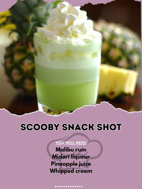 🧩 Try the Scooby Snack Shot for a fun, fruity flavor! 🧩✨ #ScoobySnackShot #FruityShots Scooby Snack Shot Ingredients: Malibu rum (1 oz) Midori liqueur (1 oz) Pineapple juice (1 oz) Whipped cream (splash) Instructions: Combine Malibu rum, Midori liqueur, and pineapple juice in a shaker with ice. Shake well and strain into a shot glass. Top with a splash of whipped cream. 🧩✨ Fun and fruity, this shot is a delightful treat! 🍹✨ #RecipeInspire #Cheers #PartyTime Scooby Snack Shot Recipes, Malibu Rum Flavors, Scooby Snack Shot, Pineapple Shots, Fruity Shots, Malibu Pineapple, Halloween Party Drinks, Birthday Shots, Malibu Rum