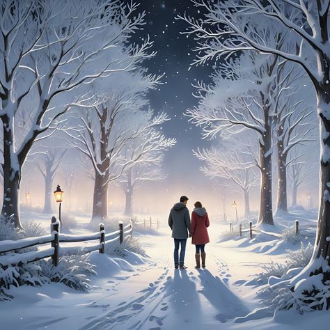 Embrace the magic of winter with this enchanting illustration of a couple enjoying a snowy landscape. The snow-covered trees and twinkling lights create a cozy and romantic winter wonderland. Perfect for those who love the beauty of winter and the joy of shared moments, this image celebrates love in the coldest season Snow Couple, Romance Covers Art, Romance Covers, Snow Covered Trees, Snowy Landscape, Winter Makeup, Twinkling Lights, Couple Illustration, Winter Scenery