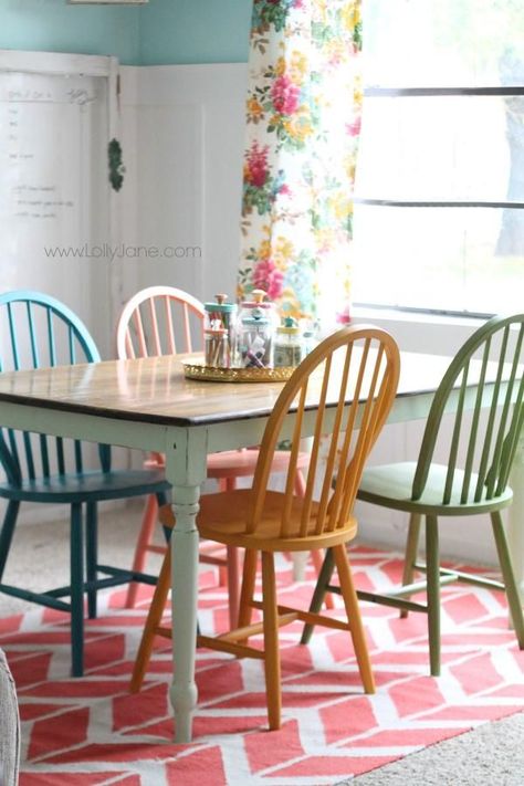 DIY-er @Lolly Jane {lollyjane.com} painted four bright & colorful chairs with Chalky Paint, customized to fit her home office decor! Painted Dining Chairs, Chalky Paint, Dining Room Colors, Painted Chairs, Kitchen Table Decor, Table Makeover, Colorful Chairs, Trendy Kitchen, Farmhouse Dining