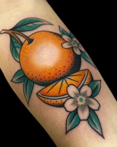 Oranges for Mikella. Thanks for braving this long session on your forearm! It’s tax return season- which means I’m booking out like crazy, and already filling up the first few weeks of April. If you want a tattoo from me but don’t want to wait two months, DM me asap! For tattoo inquiries, please DM me directly. . . . . #tattoo #tattoos #traditional #traditionaltattoo #traditionaltattoos #slc #saltlakecity #slctattoos #saltlakecitytattoos #slctattooshop #slctattooshops #saltlakecitytattoos... Neo Traditional Orange Tattoo, Cute Orange Tattoo, Orange Tattoo Traditional, Blue And Orange Tattoo, Florida Orange Tattoo, Traditional Fruit Tattoo, Orange Tree Tattoo, Oranges Tattoo, Orange Blossom Tattoo