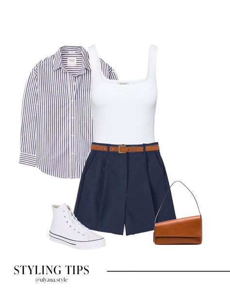 Khaki Shorts Outfit Women Casual Summer, Short Converse Outfit, Navy Tailored Shorts Outfit, Summer School Pleated Shorts, Sailor Shorts Outfit Summer, Casual High-waisted Shorts With Buttons, Tailored Shorts Outfit Women, Chic Pleated Summer Shorts, Preppy Shorts Outfit