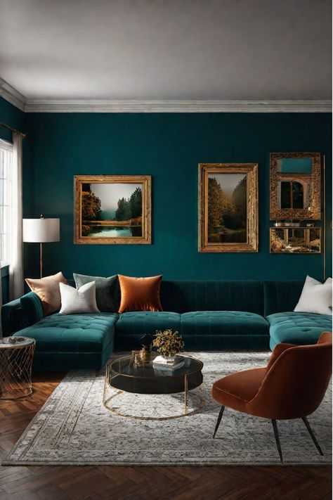 Vibrant living room with personality-filled color palette Teal Walls Living Room, Salon Art Deco, Outdoor Interior Design, Deco Orange, Tricia Guild, Living Room Transformation, Art Deco Living Room, Living Room Tv Unit, Gallery Wall Living Room