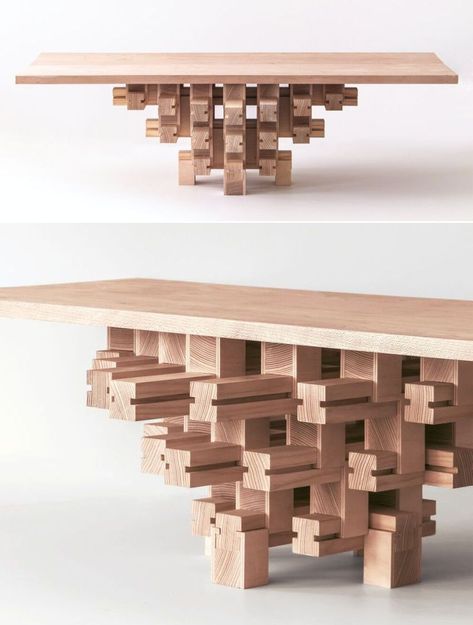 The Grid table, conceived by Boston-based Chinese designer and multimedia artist Mian Wei, is a unique piece of furniture that draws inspiration from traditional Chinese architecture. Its base comprises several wooden blocks that snap together seamlessly, like LEGO bricks, without any nails or screws. Chinese Wooden Furniture, Unique Wooden Furniture, Brick Table, Traditional Chinese Architecture, Japan Furniture, Chinese Deco, Table Base Design, Sculptural Table, Computational Design