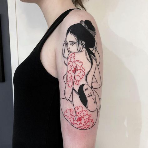 Done @lephylactere in Paris • Melbourne 18~27th January • #sillyjane Lady Tattoo, Noh Mask, Geisha Tattoo, Japanese Tattoos, Body Suit Tattoo, Japan Tattoo, Discreet Tattoos, Japanese Tattoo Art, Tattoo Flash Art