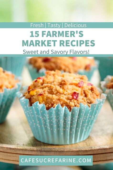 These 15 Farmer's Market Recipes are perfect for using that delicious fresh produce you got from the market. With sweet and savory flavors, there is something from everyone on this list of tasty recipes. There is everything from muffins to salads to cakes and more. Add these to your menu for the last few weeks of summer cooking. Summer Farmers Market Recipes, Farmers Market Food Ideas, Farmers Market Desserts, Farmers Market Baking, Baked Goods To Sell At Farmers Market, Farmers Market Baked Goods, Farmers Market Food, Cherry And Almond Cake, Cottage Bakery