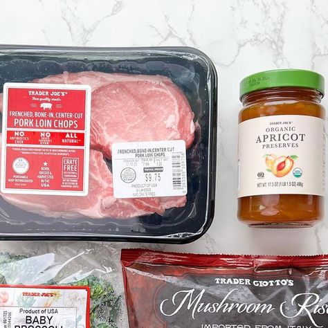 Anna Lisa | Trader Joes 5 Items or Less Recipes on Instagram: "✨Apricot Glazed Pork Chops✨ Easy & delicious apricot glazed pork chops w baby broccoli and mushroom risotto using only 4 ingredients! I’ve done this before with the Ginger Spread but since that spread is seasonal, here’s one using the (year round) apricot preserves instead, and it’s just as delicious! Check out the last slide for a video on how to make this Ingredients Apricot preserves 1-1.5 lb pork chops Baby broccoli Mushroom Apricot Glazed Pork Chops, Pork Chops Easy, Broccoli Mushroom, Baby Broccoli, Apricot Preserves, Glazed Pork Chops, Glazed Pork, Pork Loin Chops, Pork Glaze