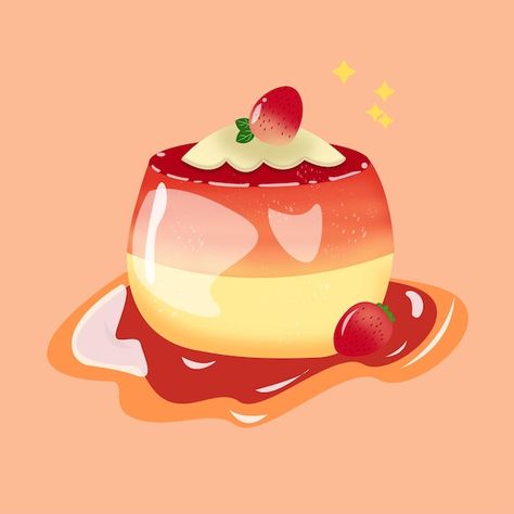 Jelly Custard, Strawberry Panna Cotta, Strawberry Clipart, Strawberry Drawing, Strawberry Pudding, Jelly Pudding, Custard Pudding, Strawberry Jelly, Pudding Cups