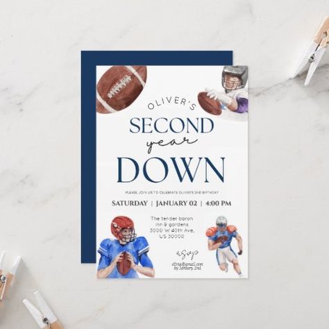 Second Year Down Football Theme Boy 2Nd Birthday Invitation #zazzle #weddinginvitations #birthdayinvitations #babyshowerinvitations #zazzleinvitations #monogram #businesscards #graduation #homedecor Two Year Old Sports Birthday Party, Two Year Old Birthday Party Boy Themes, Baby Boy 2nd Birthday Ideas, Boy Second Birthday, 2nd Birthday Themes, Sports Party Invitations, Second Birthday Boys, Football Party Invitations, Football Birthday Invitations