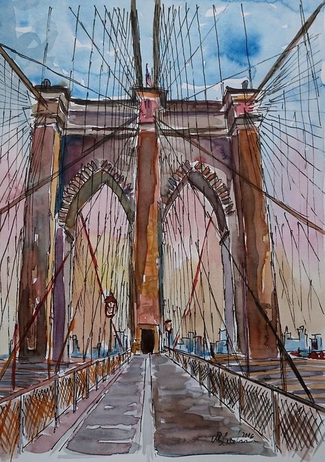 New York Drawing, Bridge Drawing, Pedestrian Walk, New York Painting, Bridge Painting, Nyc Art, New York Art, American Cities, Brooklyn Bridge