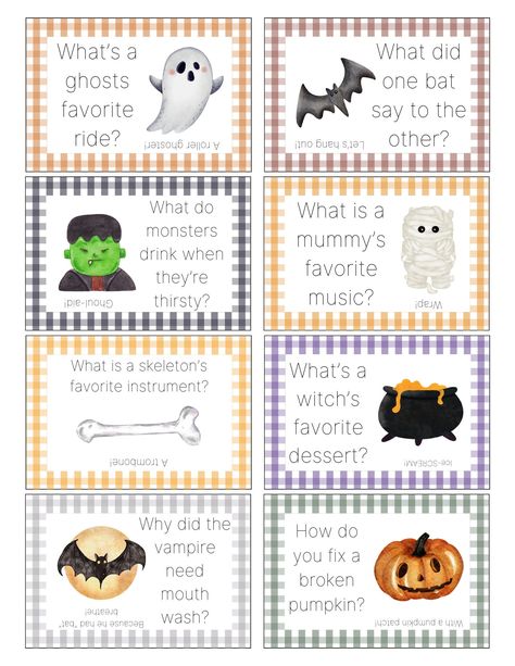 Product description for a printable Halloween joke lunch box notes product Our printable Halloween joke lunch box notes are the perfect way to add a bit of fun and excitement to your child's lunchtime routine. With a set of 8 unique jokes, your child will have a new joke to share with their classmates at lunch. The jokes are kid-friendly and Halloween-themed, making them perfect for the spooky season. Simply print out the notes on cardstock paper, cut them out, and slip them into your child's lunch box or backpack. It's an easy and fun way to brighten up their day and make them smile! Best Halloween Jokes, Boo Grams, Halloween Jokes For Kids, Kids Jokes And Riddles, Lunch Jokes, Notes For Kids Lunches, Halloween Bucket List, Easter Lessons, Halloween Lunch