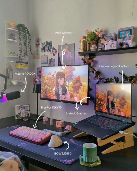 . happy thursday! 🍂 it's been awhile since I updated my setup so here's a little breakdown on some of the new items on my desk 🫶🏻✨ drop a follow for more desk setup, desk inspo, cozy setup, cozy vibes, aesthetic, cozy gamer, purple setup content ✧ check my link in bio for free notion templates and discount codes! #deskinspo #desksetup #cozysetup #cozygamergirl #gamergirlsetup #deskspace #pinksetup Beginner Pc Setup, Woman Gaming Setup, Cozy Gamer Desk Setup, Animation Desk Setup, Desk Decorations Aesthetic, Desk And Shelf Ideas, Laptop Desk Set Up, Study Room Setup, Portable Monitor Setup