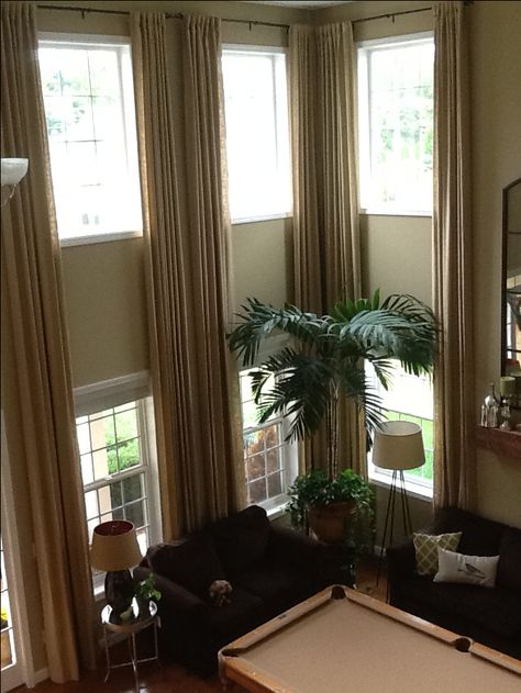 Two story curtains Two Story Curtains, Tall Window Treatments, Tall Curtains, Double Ceiling, Family Room Curtains, Designer Curtains, Family Room Windows, Ceiling Drapes, Double Volume