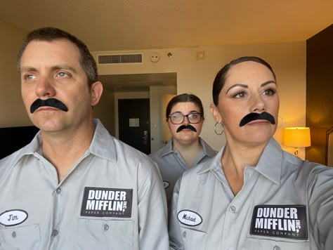 The Office Dress Up Party, The Office Characters Costumes, The Office Family Halloween Costumes, Mustache Costume Ideas, Halloween Costumes The Office, The Office Costume Ideas, The Office Party Ideas, The Office Halloween Costumes, The Office Outfits