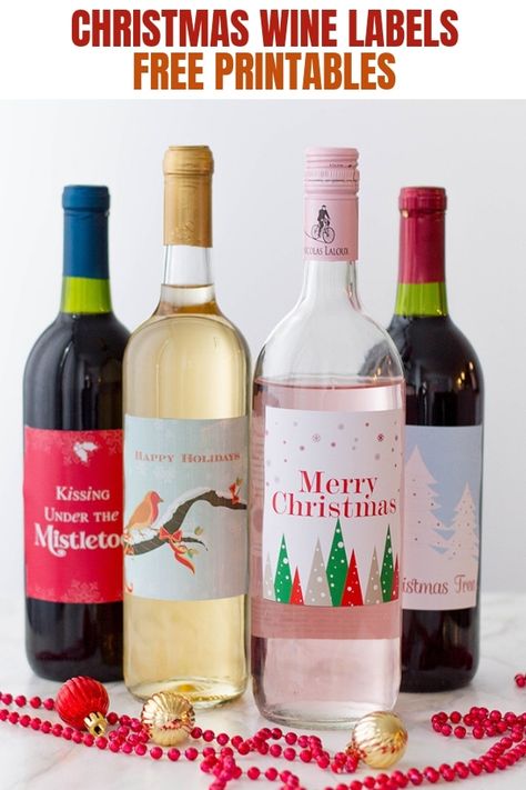 Holiday Wine Labels (FREE Printables) to easily jazz up wine bottles into fancy yet inexpensive Christmas gifts. Four festive designs to help you spread holiday cheer! #printables #freebies #holiday #christmasprintables #winelabels #christmaswinelabels 10 Secret Santa Gifts, Christmas Wine Labels, Christmas Wine Bottle Labels, Holiday Wine Label, Chocolate Peanut Clusters, Wine Label Printable, Peanut Clusters, Bottle Labels Printable, Labels Printables