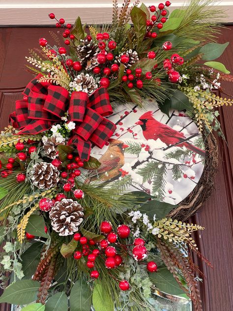 28"x24" Christmas Wreath, Red Bird Wreath, Farmhouse Wreath, Large Wreath, Front Door Wreath Red Bird Wreath, Large Christmas Wreath, Bird Wreath, Large Wreath, Wreath Farmhouse, Christmas Wreaths For Front Door, Wreaths Diy, Red Bird, Wreath Front Door