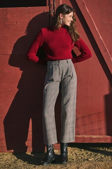 plaid pants - Lulus Search Grey Check Pants Outfit Women, Plaid Work Pants Outfit, Patterned Trousers Outfit, Plaid Pants Outfit Winter, Grey Plaid Pants Outfit, Brown Plaid Pants Outfit, Straight Pants Outfit, Plaid Trousers Outfit, Retro Chic Fashion