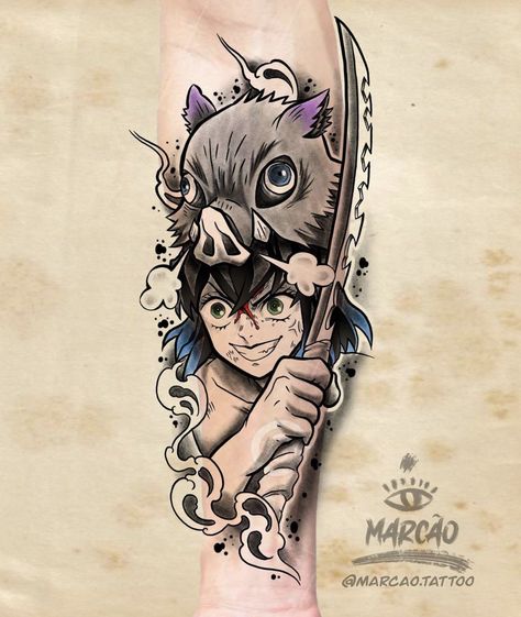 Inosuke Tattoo Design, Inoske Tattoo Design, Inosuke Tattoo Ideas, Demon Slayer Tattoo Design, Demonslayer Tattoo, Demon Slayer Tattoo Ideas, Leg Sleeve Tattoos, Leg Tattoo Ideas, Slayer Tattoo