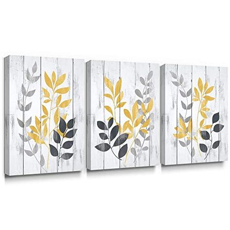 Amazon.com: Takfot Leaf Wall Art Yellow Grey Leaves Canvas Painting Vintage Botanical Pictures Rustic Plants Artwork Home Decor Stretched and Framed Artwork for Bathroom Living Room 12×16 Inch, 3 Panels : Handmade Products Painting Plants, Plants Pictures, Grey Wall Decor, Bathroom Artwork, Contemporary Vintage, Botanical Leaves, Yellow Wall Art, Art Yellow, Painting Contemporary