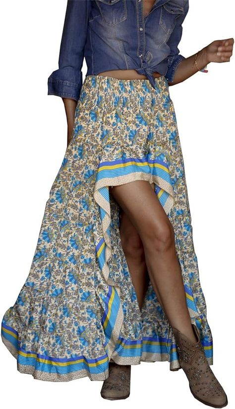 Amazon.com: BTFBM Women 2024 Summer Spring Boho Long Skirts Dress Floral Print Elastic Waist Split Ruffle High Low Beach Maxi Skirt(X-Blue, Medium) : Clothing, Shoes & Jewelry Beach Maxi Skirt, Spring Boho, Long Skirts, Dress Floral, Floral Print Dress, Shopping List, Long Skirt, High Low Dress, Shoes Jewelry