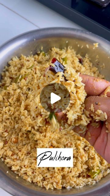 VINIT’S KITCHEN on Instagram: "Pulihora ♥️ . Quantities :-  30 ml oil  1 Tbsp Mustard seeds  1 Tbsp cumin seeds  2 Tbsp Chana Dal  2 Tbsp urad dal  1 Tbsp Sesame seeds  1 String curry leaves  1 Tsp Hing  1/4 cup Peanuts  250 ml tamarind extract  Salt as per taste  1 Tbsp Turmeric Powder 2 Tbsp Coriander powder  1 Tbsp cumin powder  7-8 Dry red chillies  7-8 Green chillies  1 Tbsp Jaggery  1 Kg cooked rice ( Make sure the rice is cooked prior and also the rice should totally get cooled down to room temperature) .  Do like share comment and save ♥️ For more food updates follow @vinitskitchen 🙏🏻 . . . #comfortfood #reels #reel #reelsinstagram #réel #reelitfeelit #reelkarofeelkaro #reelsvideo #reelsindia #reeltoreel #reelindia #reelsinsta #reelsteady #instagramreels #reelsinstagram😍 #reeli Tamarind Rice, Chana Dal, Urad Dal, Rice Powder, Cooked Rice, Cumin Seeds, Mustard Seeds, Turmeric Powder, Coriander Powder