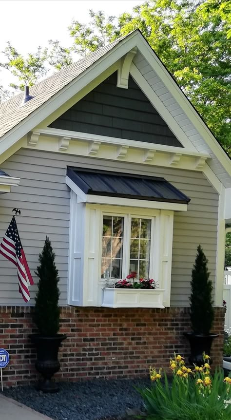 Corbels, steel roof, Kendall Charcoal House Trim Exterior, Corbels Ideas, Corbels Exterior, Exterior Cottage, Cottage Exteriors, House Trim, Window Trim Exterior, Craftsman Exterior, Cottage Exterior