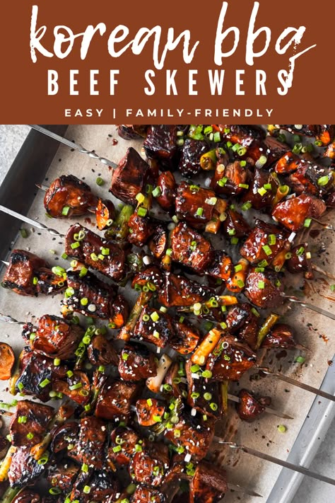 These incredibly saucy Korean BBQ beef skewers are a total lip-smacking treat! And they're easy enough to throw on the grill on any given weeknight. #koreanbbq #skewers #bbq #beef #grilling #weeknightdinner #easydinner Beef Skewers Recipes, Korean Beef Skewers, Korean Bbq Skewers, Korean Kabobs, Bbq Skewers Recipes, Korean Skewers, Beef Skewers Marinade, Beef Kabobs On The Grill, Korean Bbq Recipes